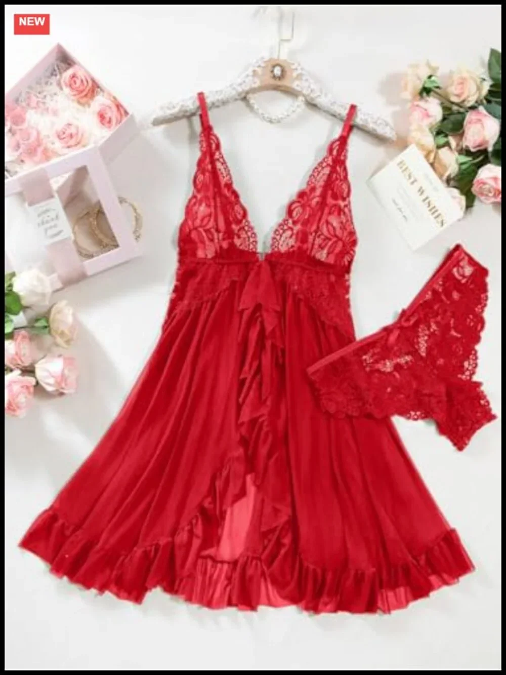 2pc Satin Chemise & Thong Set Sleeveless Slip Nightgown